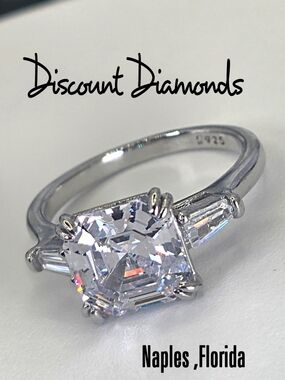 Clear White Diamond & Baguette Diamond Cocktail Ring on 925 Sterling Silver